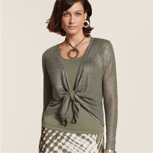 Chico’s Tie Waist Foil Drape Alyssa Cardigan Green Size XL